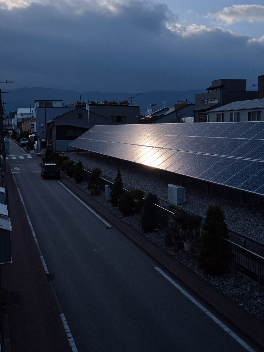 Predawn Sapporo Street Scene with Solar Array Glint in Japanese Winter Darkness in in Sapporo, Japan