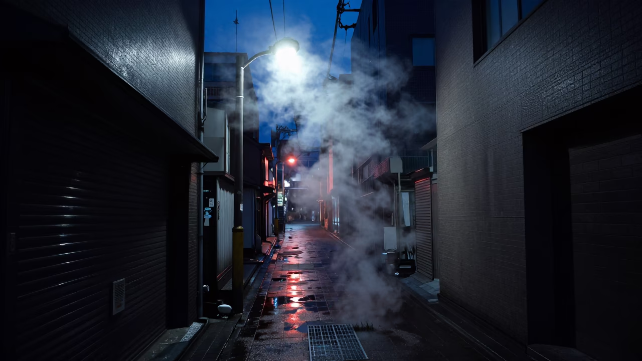 Predawn Sapporo Street Scene with Steam and Neon Reflections in Early Morning Darkness in in Sapporo, Japan