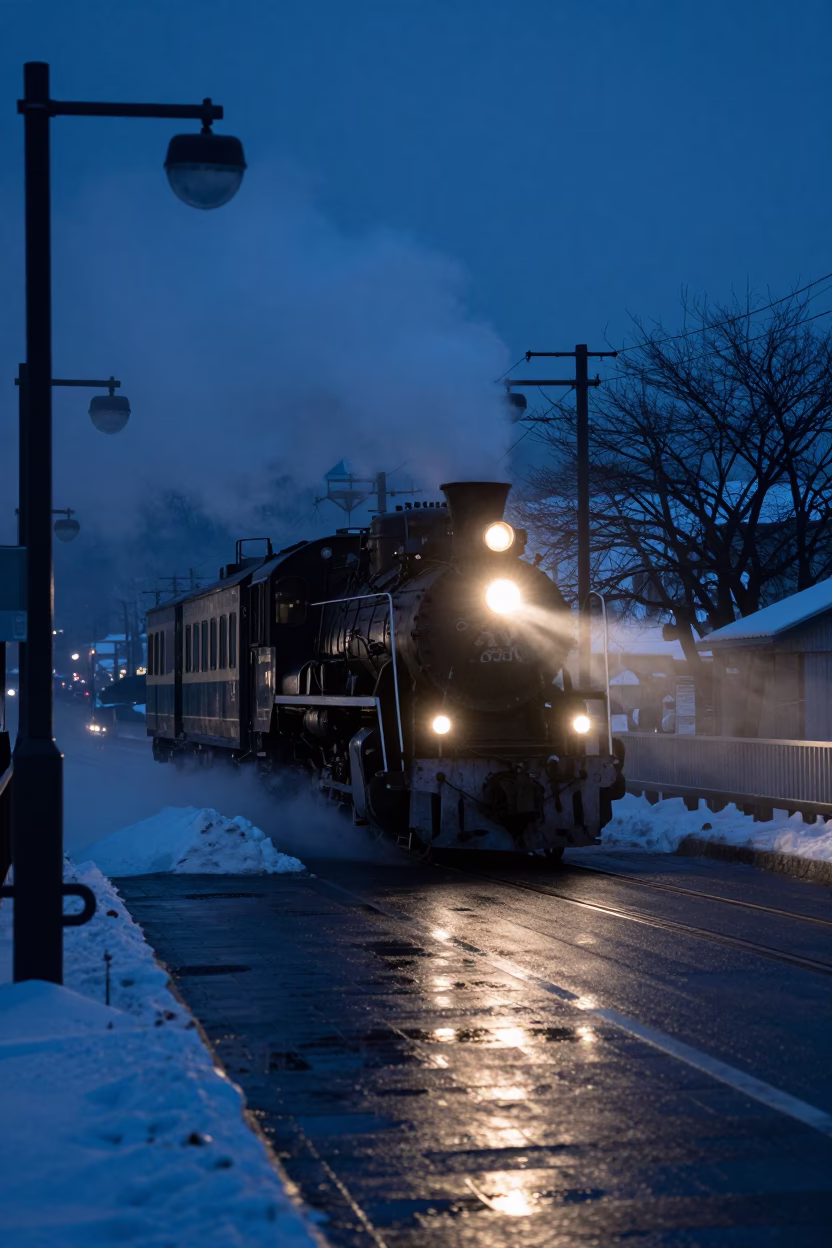 Predawn Sapporo Street Scene with Steam Locomotive Crossing Bridge in 1960s Japan in in Sapporo, Japan
