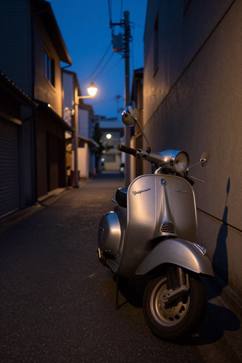 Predawn Sapporo Street Scene with Vintage Vespa and Rubber Stamp Details in in Sapporo, Japan