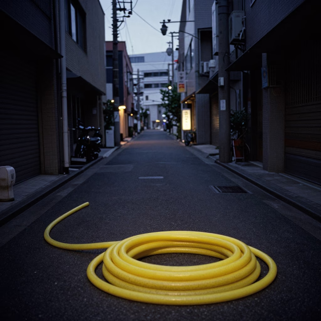Predawn Sapporo Street Scene with Yellow Garden Hose and Metal Rail in Japan in in Sapporo, Japan