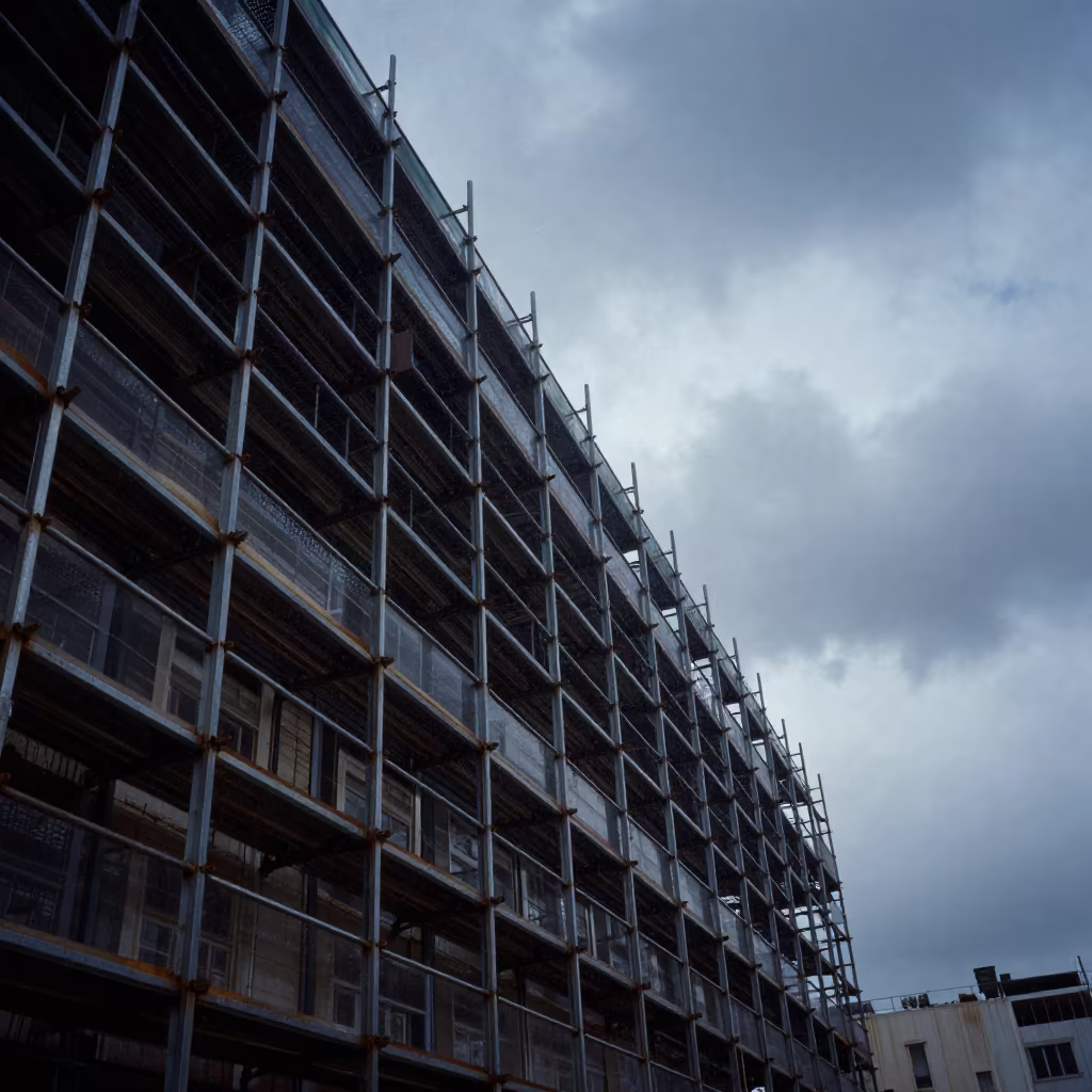 Predawn Scaffolding Beside Steel Mecca in beside exposed structural steel near Mecca