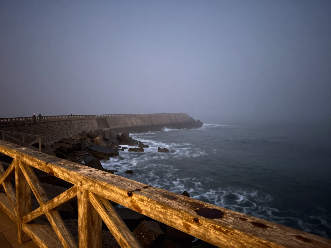 Predawn sea fog crawling over Essaouira breakwater with tea stains on wooden rail in in Essaouira, Morocco