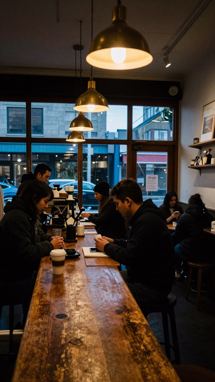 Predawn Seattle Coffee Shop Interior with Brass Fixtures and Local Patrons in in Seattle, Washington, United States