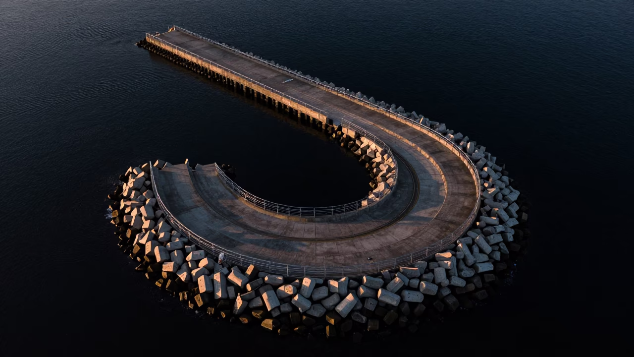 Predawn Seattle Harbor Breakwater Aerial View with Spiral Architecture and Dark Water in in Seattle, Washington, United States