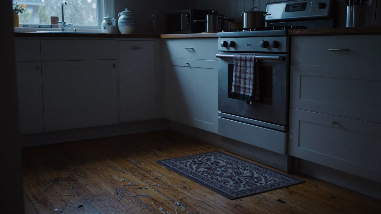 Predawn Seattle Kitchen with Scratched Runner and Porcelain Jars Near Space Needle in in Seattle, Washington, United States