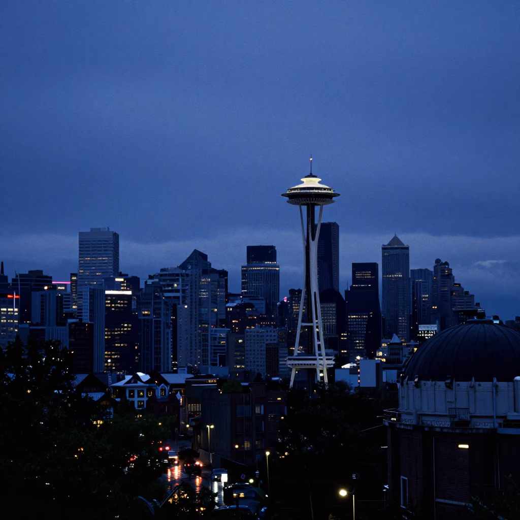 Predawn Seattle Skyline Silhouette with Rain-Slicked Streets and Observatory Dome in in Seattle, Washington, United States
