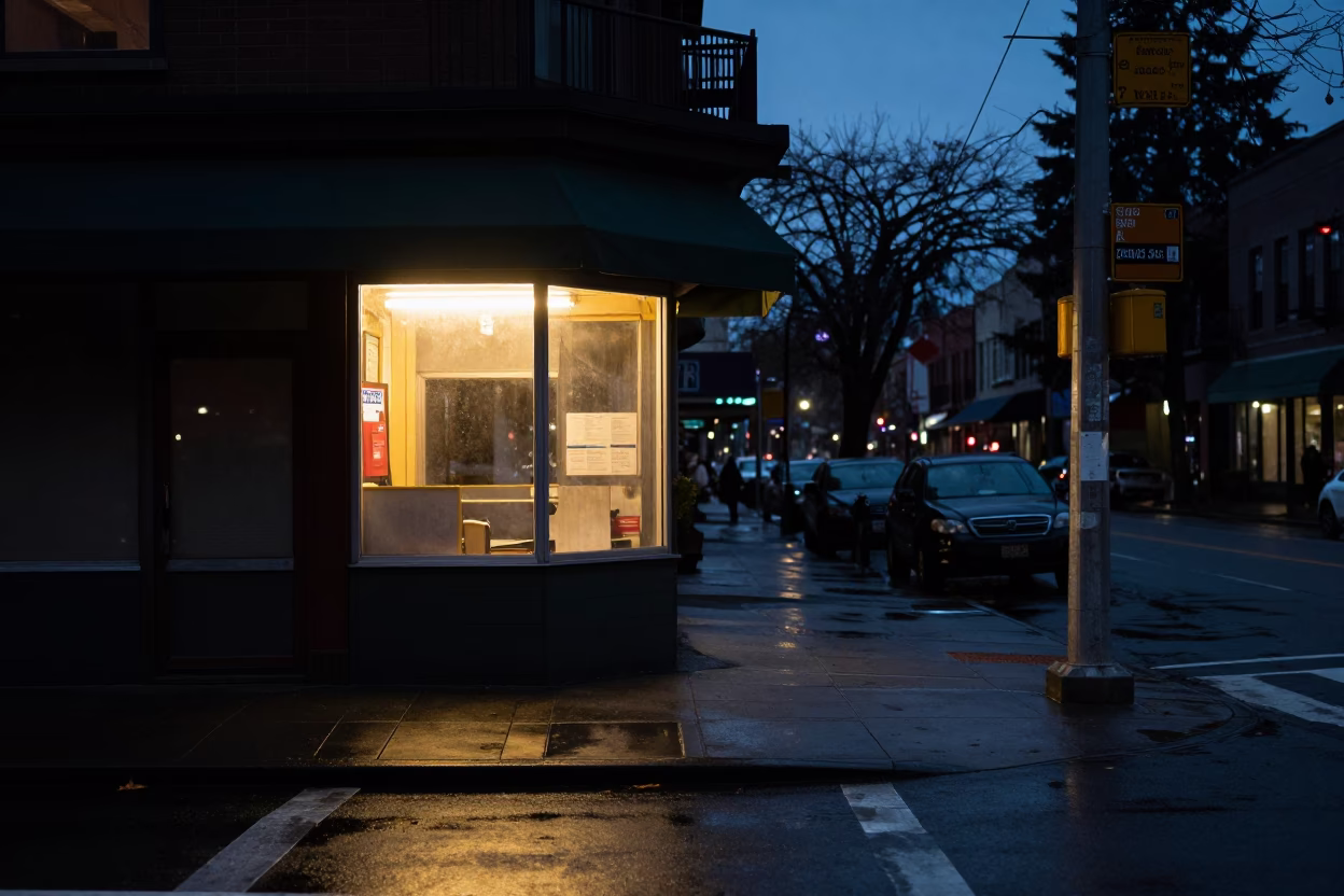Predawn Seattle Street Corner with Warm Window Light and Saucer Edge Detail in in Seattle, Washington, United States