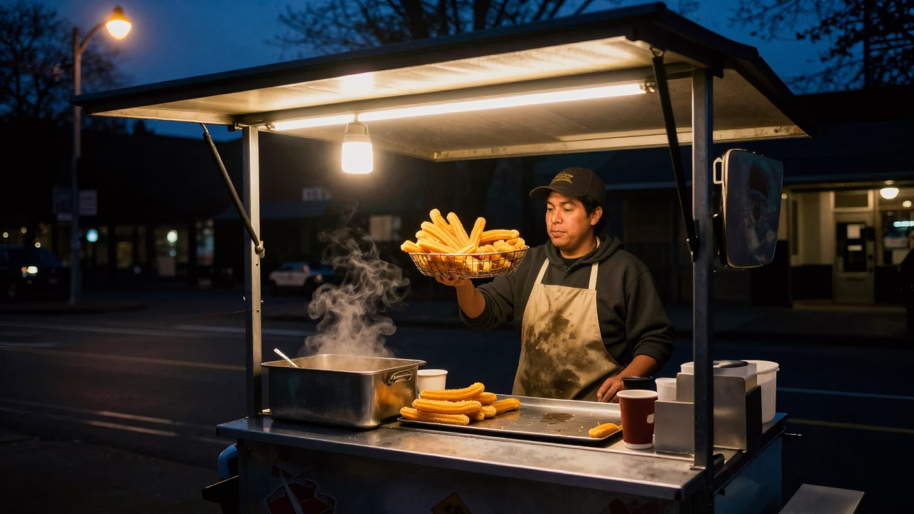 Predawn Seattle Street Food Vendor Serving Churros and Coffee to Early Commuters in in Seattle, Washington, United States