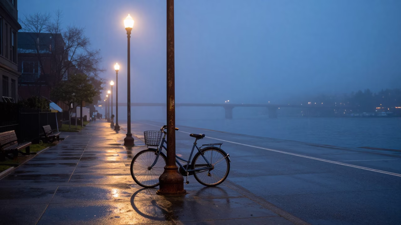 Predawn Seattle Street Scene with Bicycle and Urban Infrastructure in Foggy Darkness in in Seattle, Washington, United States