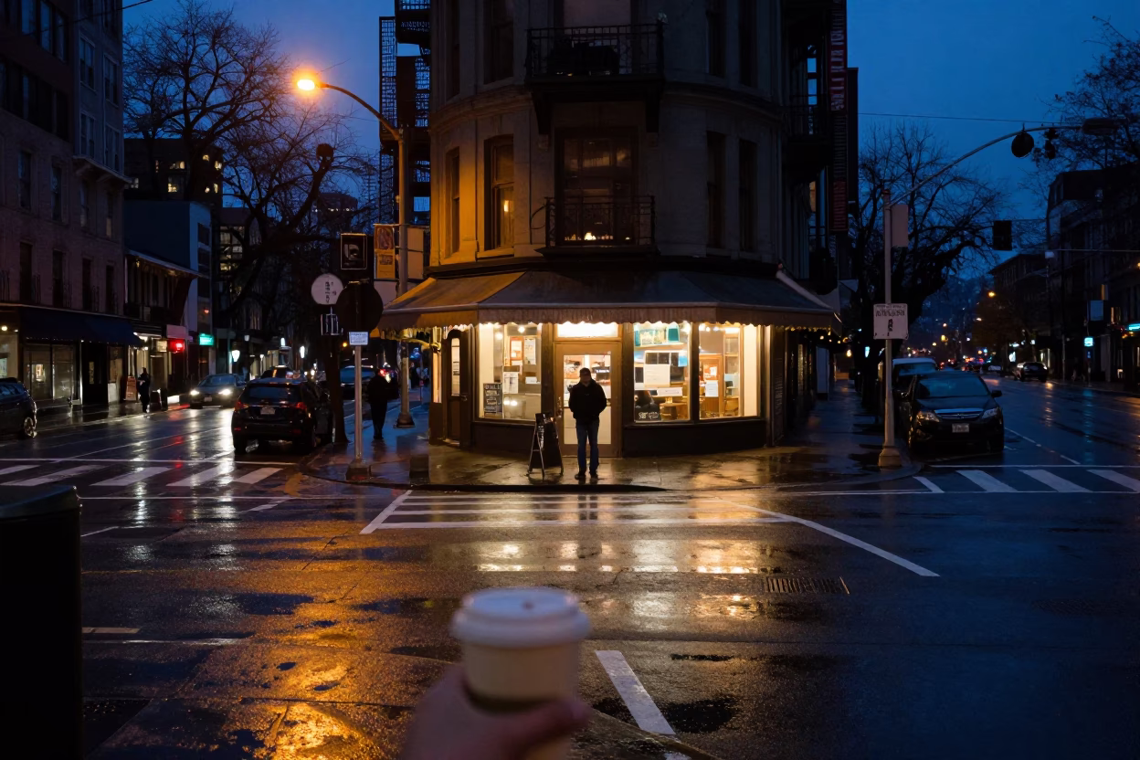 Predawn Seattle Street Scene with Coffee Cup and Wet Pavement Reflections in in Seattle, Washington, United States