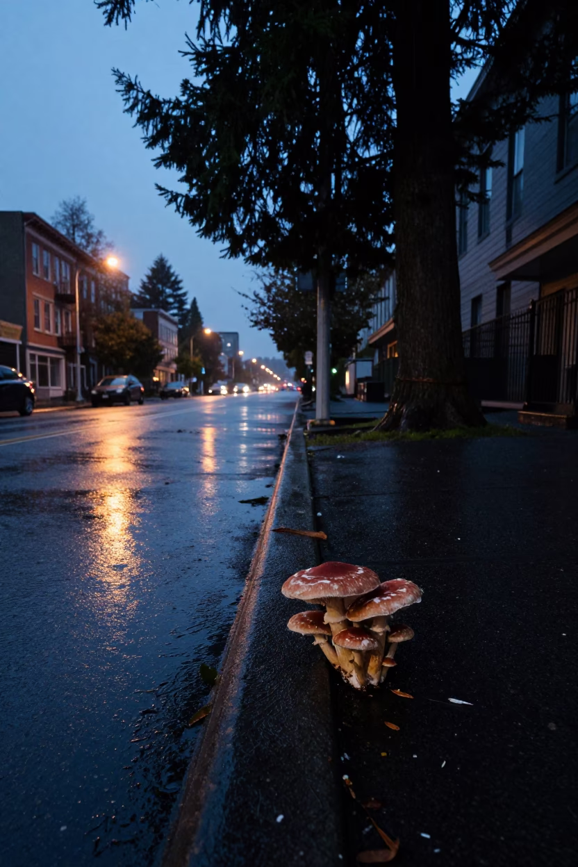 Predawn Seattle Street Scene with Velvet Shank Mushrooms on Winter Tree Trunk in in Seattle, Washington, United States
