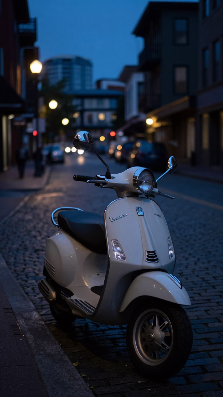 Predawn Seattle Street Scene with Vintage Vespa on Cobblestone Lane in in Seattle, Washington, United States