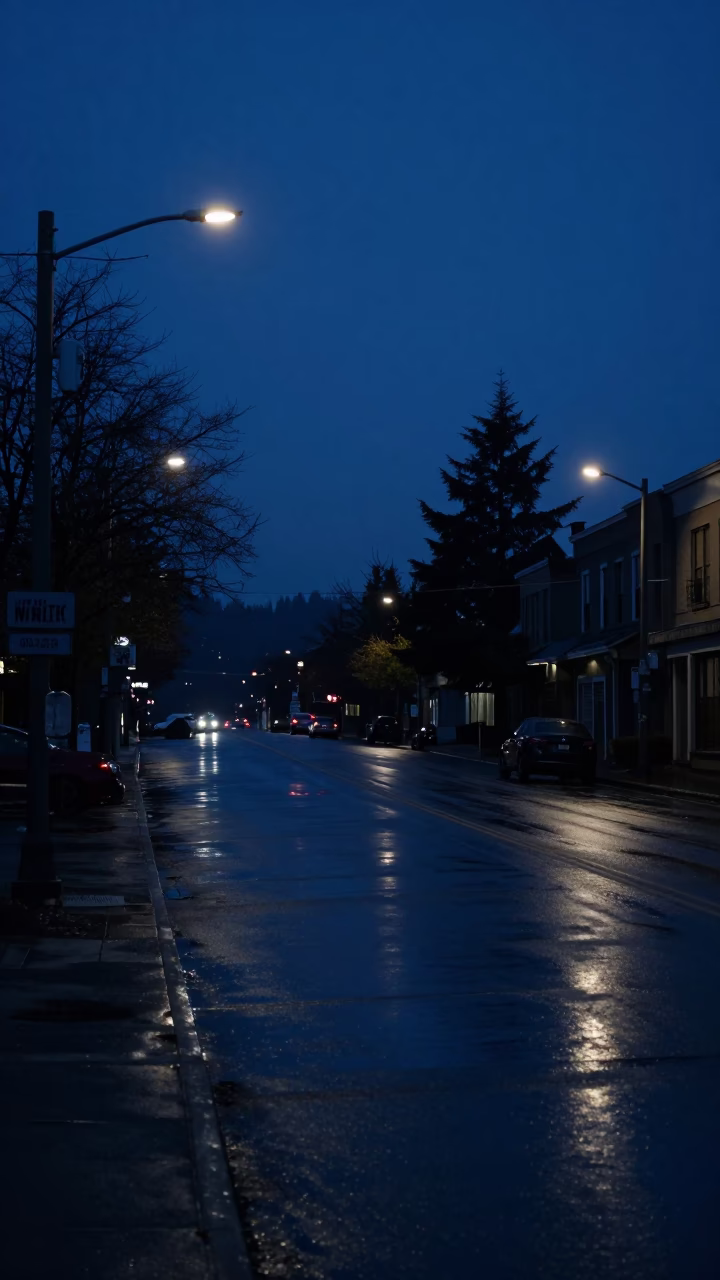 Predawn Seattle Street Scene with Wet Asphalt and Faint City Lights in in Seattle, Washington, United States