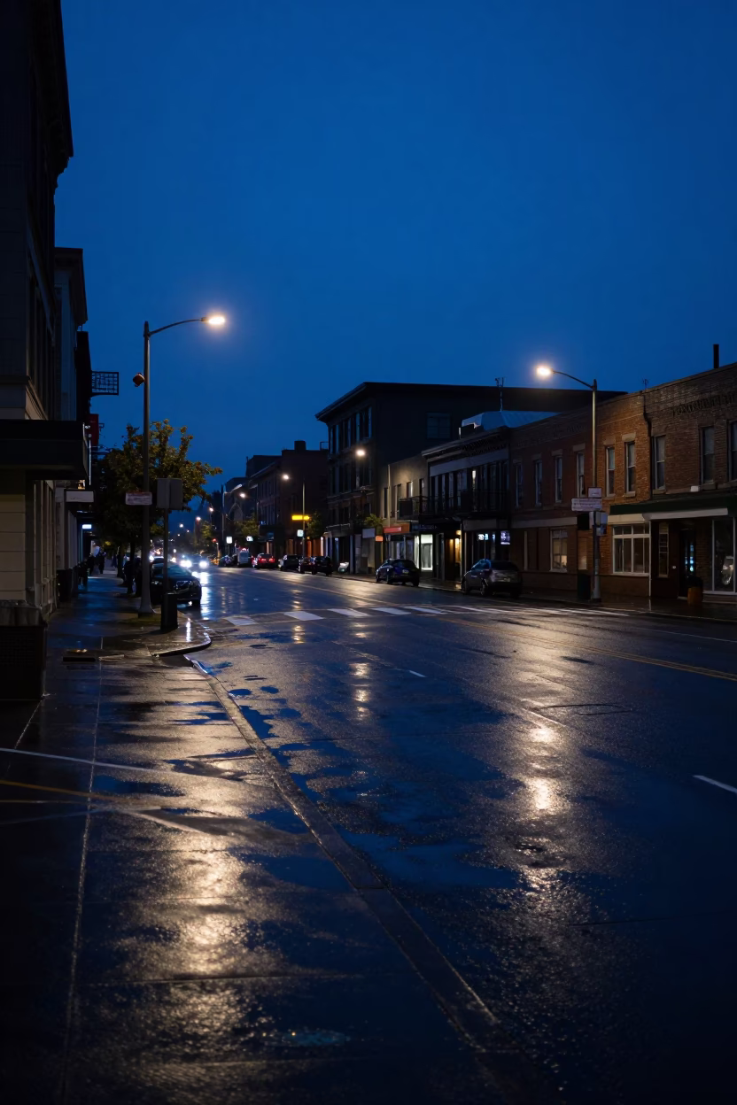 Predawn Seattle Street Scene with Wet Asphalt and Urban Architecture in Washington in in Seattle, Washington, United States