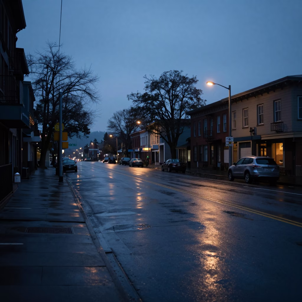 Predawn Seattle Street Scene with Wet Pavement and Faint City Lights in in Seattle, Washington, United States