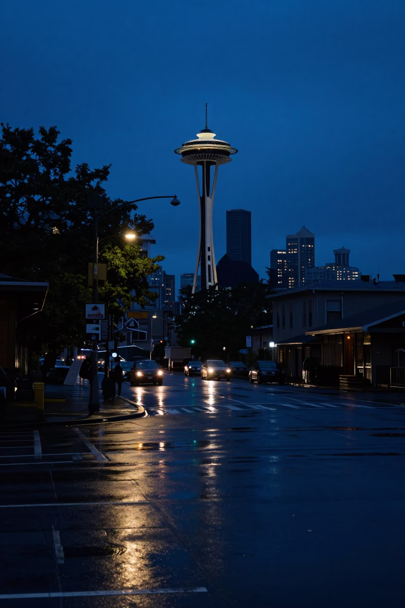 Predawn Seattle Street Scene with Wet Pavement Reflections and Urban Infrastructure in in Seattle, Washington, United States