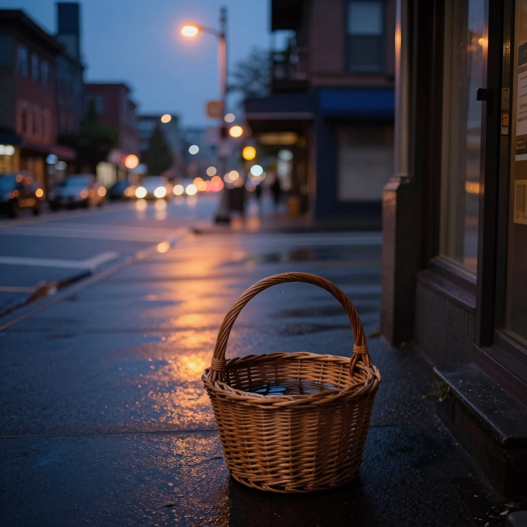 Predawn Seattle Street Scene with Wicker Basket and Water Rings on Bowl in in Seattle, Washington, United States