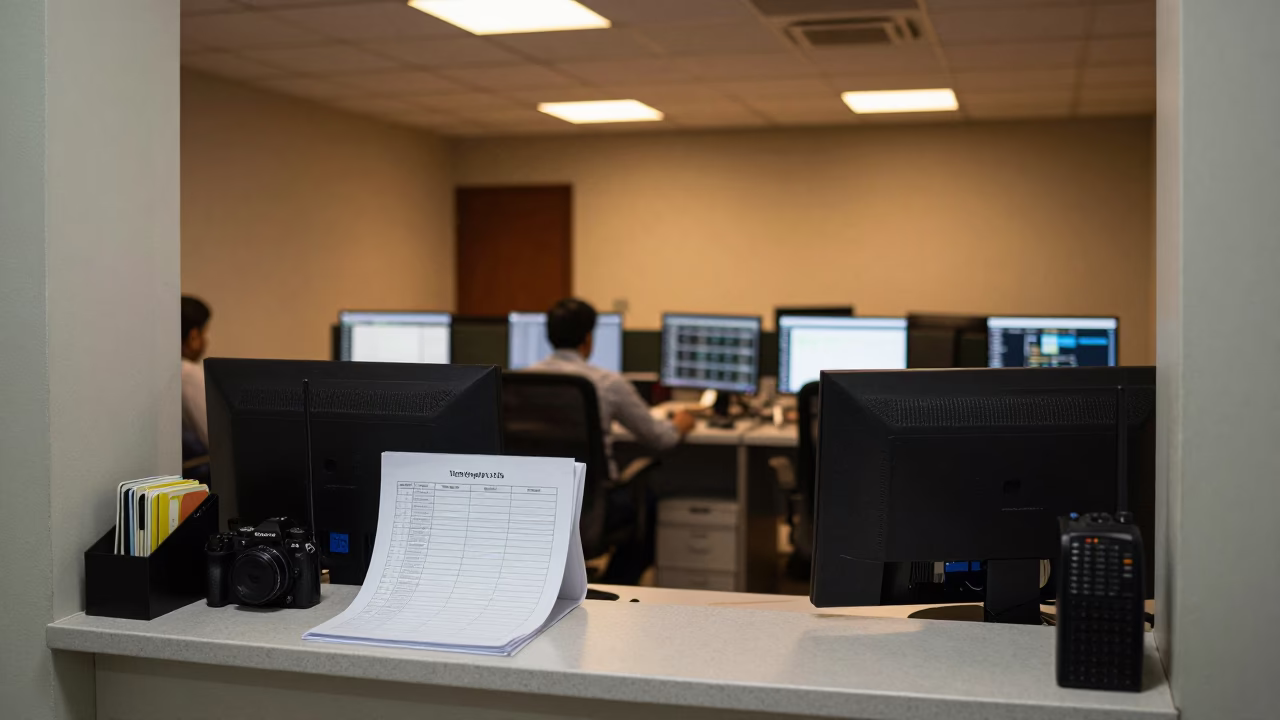 Predawn Security Desk with Logs and Radios in inside an open-plan office bay in Tando Allahyar