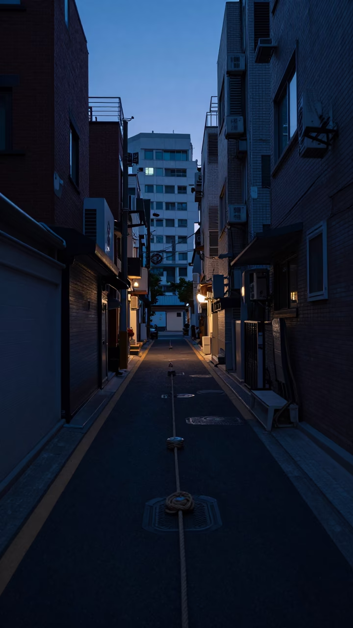 Predawn Seoul Alleyway with Coiled Rope and Apartment Life in in Seoul, South Korea