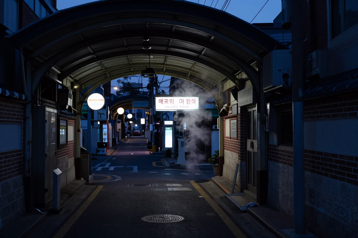 Predawn Seoul Street Corner with Neon Signs and Steam Vending Machine in in Seoul, South Korea