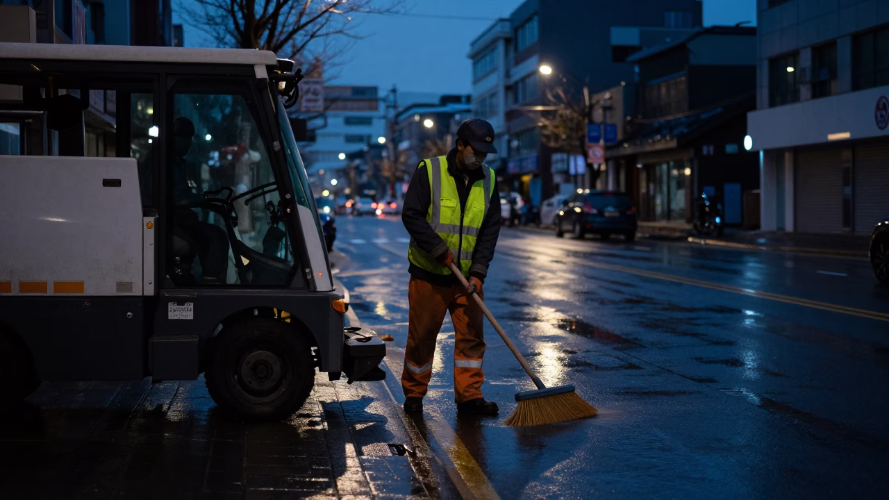 Predawn Seoul Street Maintenance Worker Sweeping Wet Pavement Near Traditional Hanok Roofline in in Seoul, South Korea