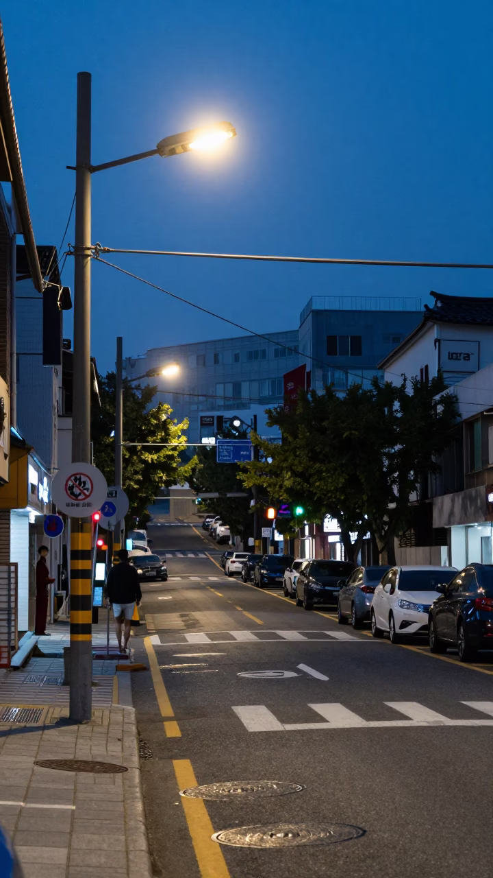 Predawn Seoul Street Scene with Brushed Steel Rim and Local Morning Routine in in Seoul, South Korea