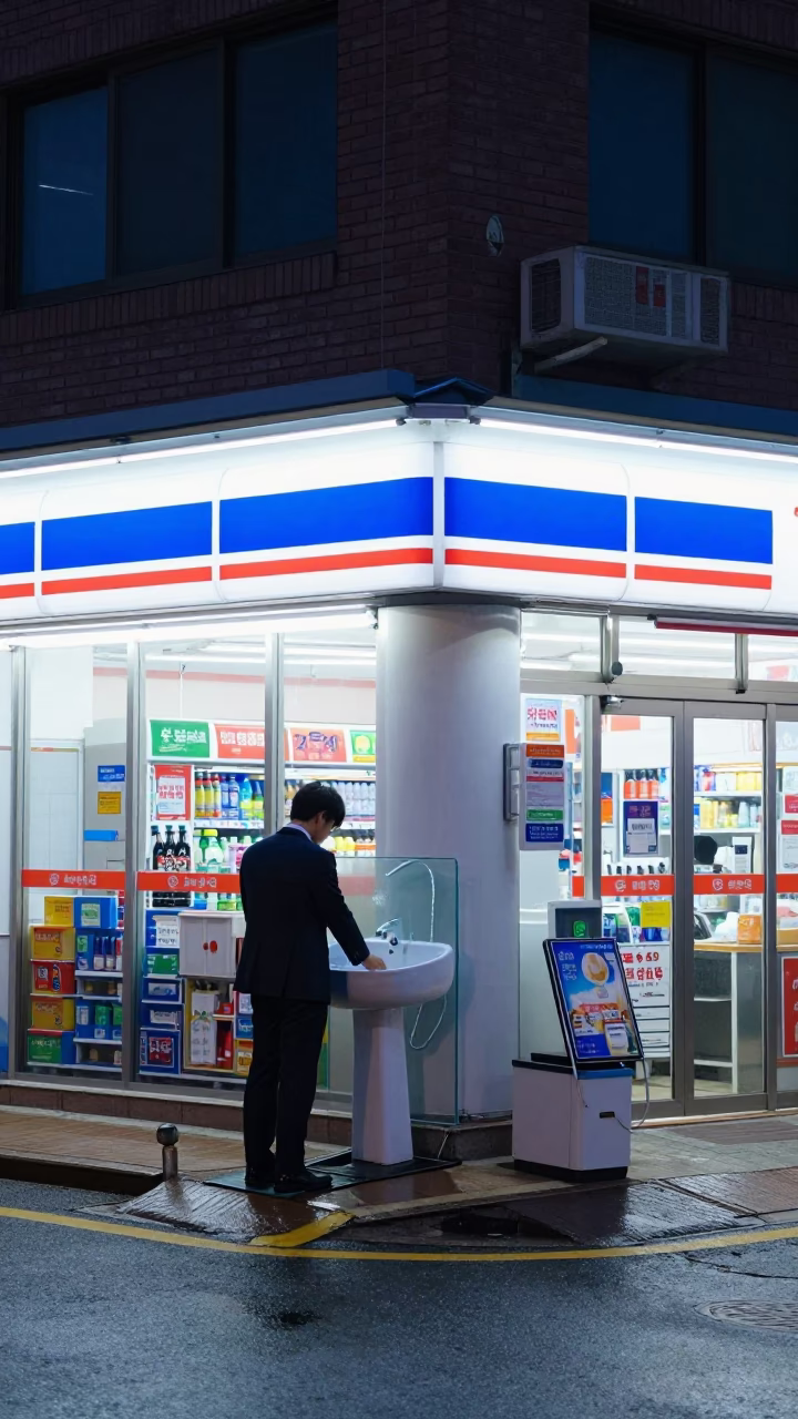 Predawn Seoul Street Scene with Convenience Store Convenience and Urban Morning Routine in in Seoul, South Korea