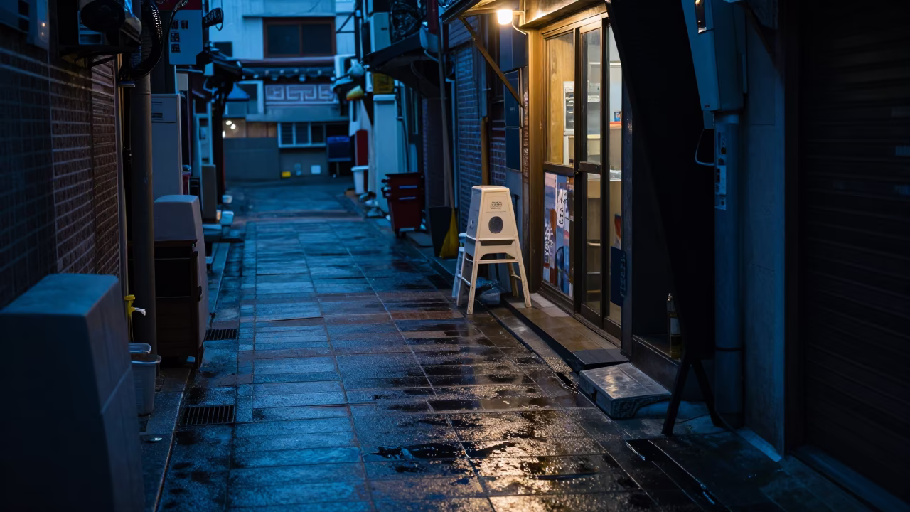 Predawn Seoul Street Scene with Grease Sheen on Tile and Turnbuckle Details in in Seoul, South Korea