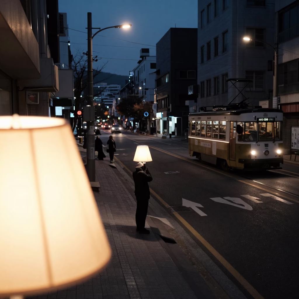 Predawn Seoul Street Scene with Lampshade and Tram on Steep Hill in in Seoul, South Korea