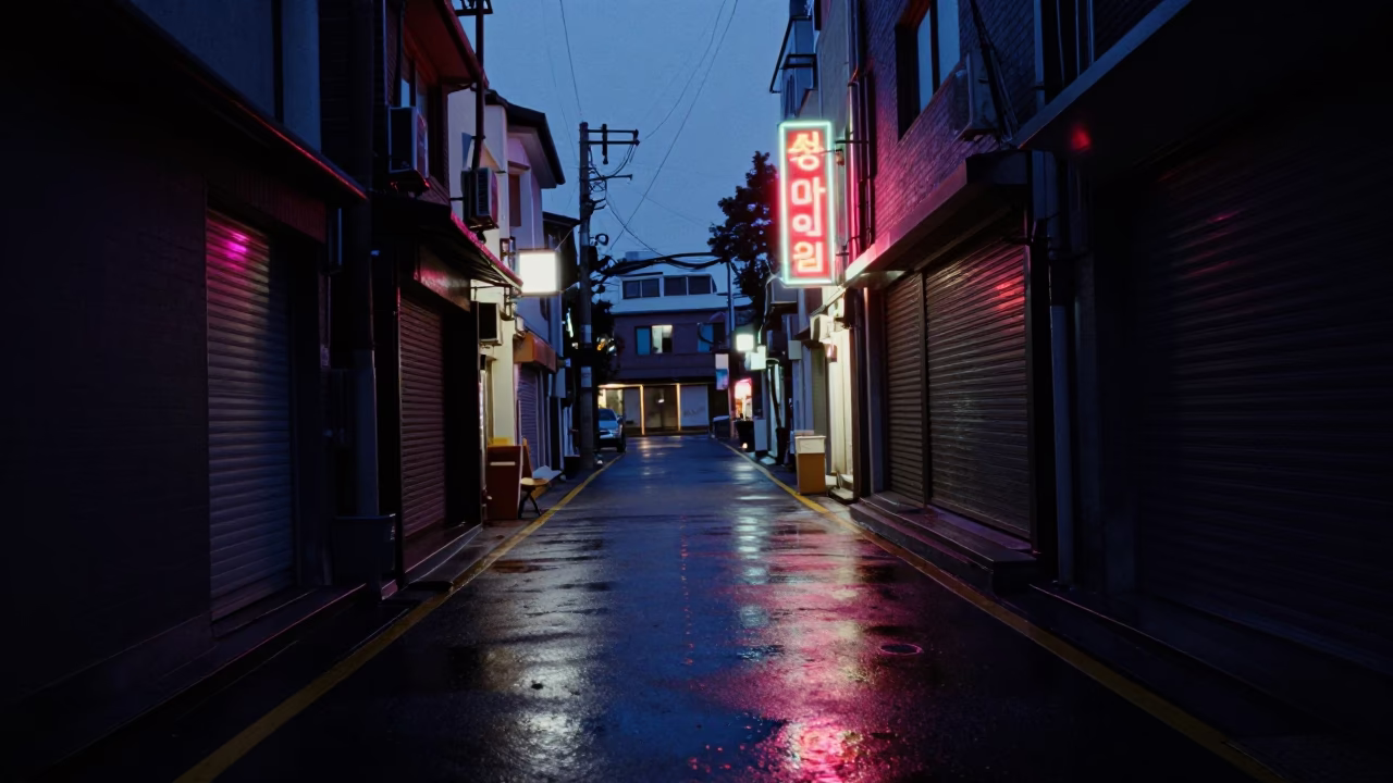 Predawn Seoul Street Scene with Neon Reflections and Brushed Steel Bowl in in Seoul, South Korea