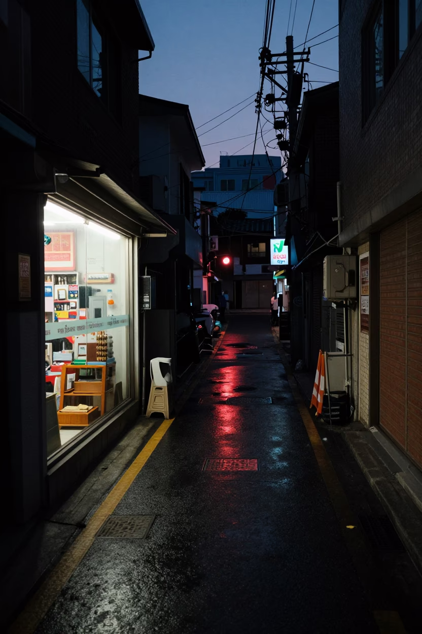 Predawn Seoul Street Scene with Neon Reflections and Urban Details in in Seoul, South Korea