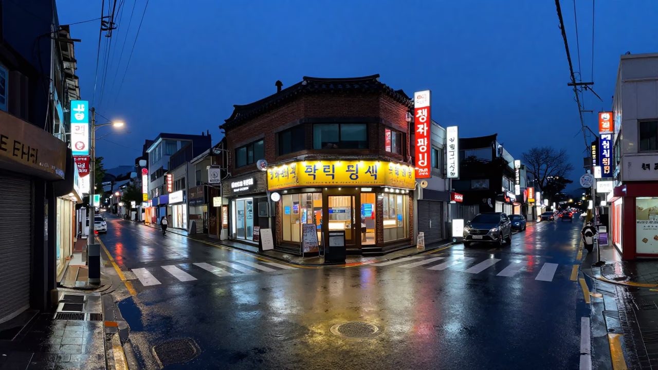 Predawn Seoul Street Scene with Neon Signs and Wet Asphalt Reflecting City Lights in in Seoul, South Korea