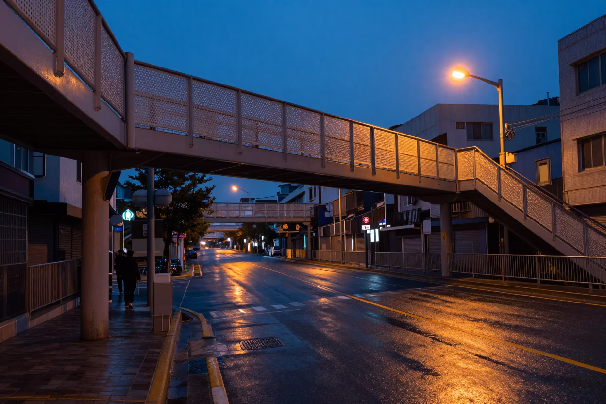 Predawn Seoul street scene with pedestrian overpass and wet footsteps in darkness in in Seoul, South Korea