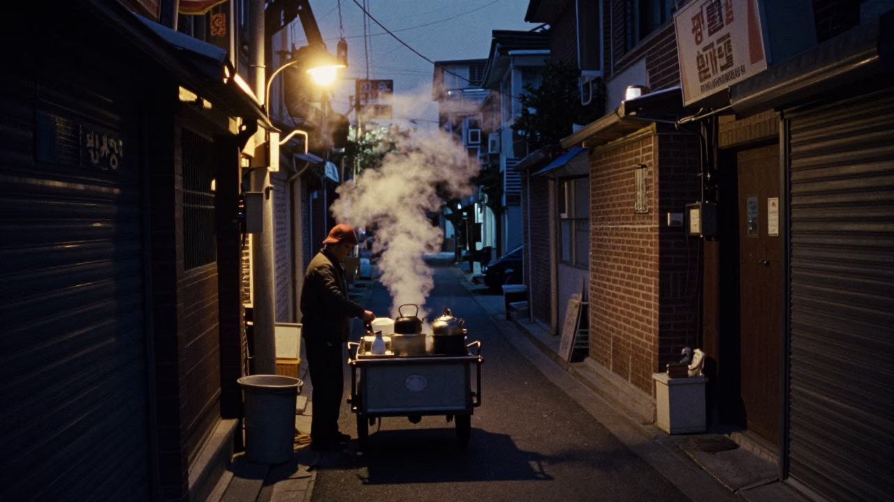 Predawn Seoul Street Scene with Steam from Kettle and Scrub Brush Near Alleyway in in Seoul, South Korea