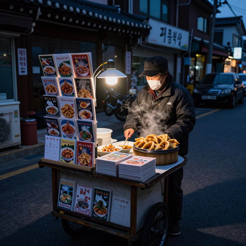 Predawn Seoul Street Scene with Vendor and Postcards in 1950s South Korea in in Seoul, South Korea
