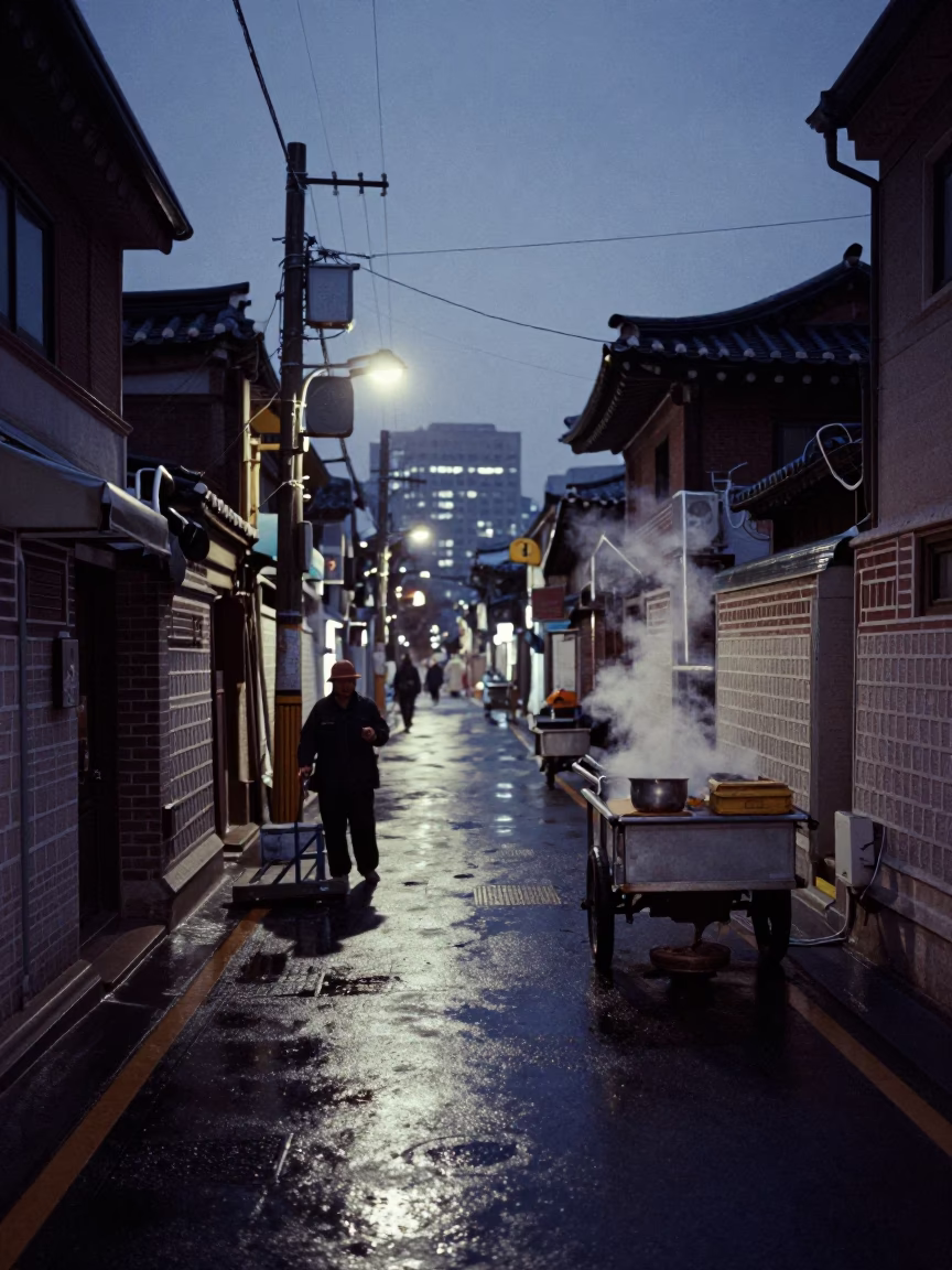 Predawn Seoul Street Scene with Wet Pavement and Urban Infrastructure in in Seoul, South Korea