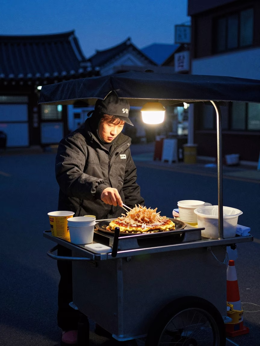 Predawn Seoul Street Vendor Serving Hot Okonomiyaki with Bonito Flakes Under Ice-Blue Twilight in in Seoul, South Korea