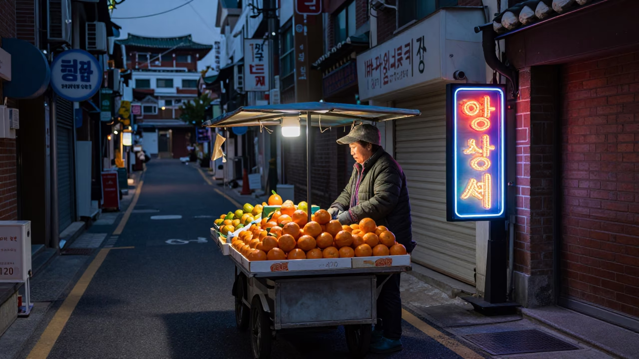 Predawn Seoul Street Vendor with Fruit Stall and Neon Lights in in Seoul, South Korea