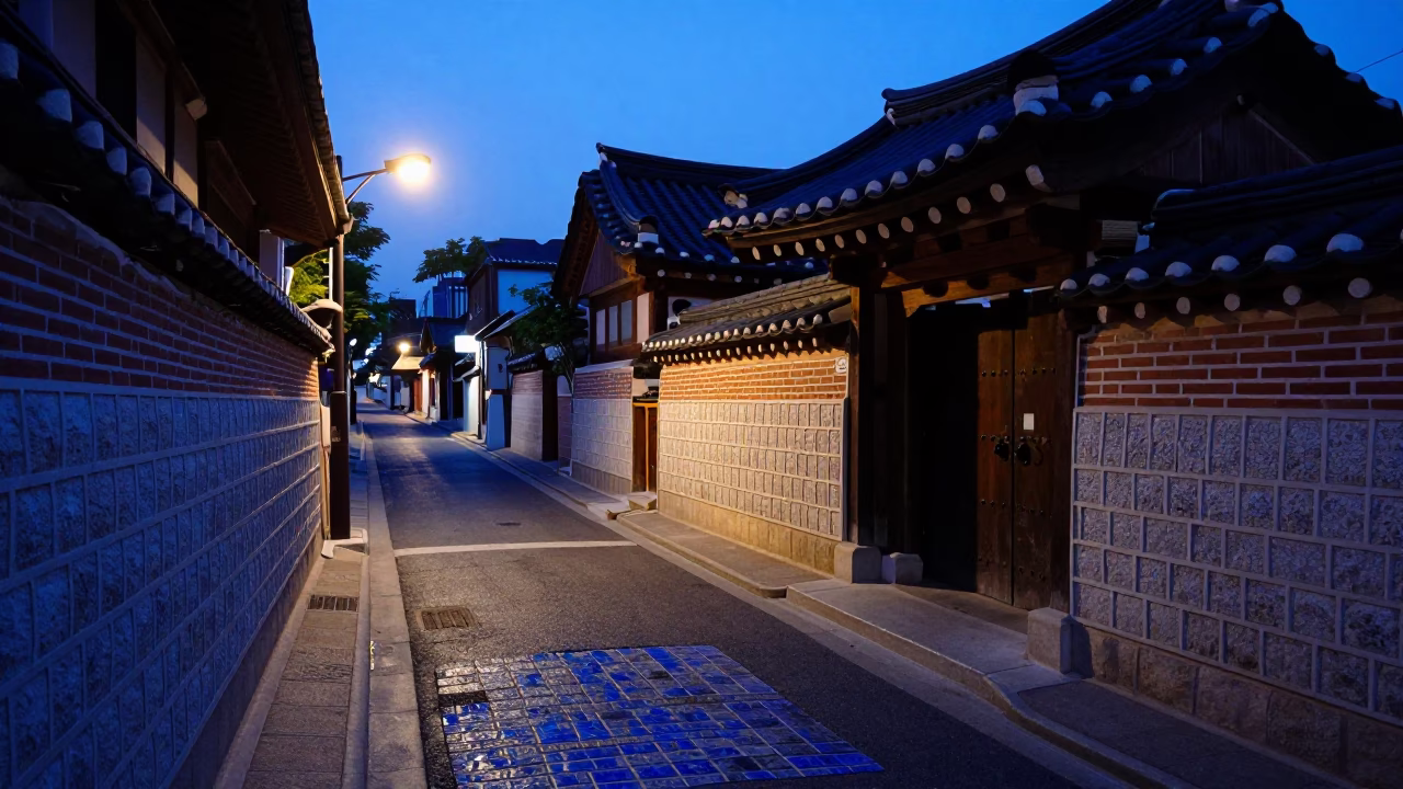 Predawn Seoul Street with Ceramic Tiles and Blue Porcelain Jar in Dark Alley in in Seoul, South Korea