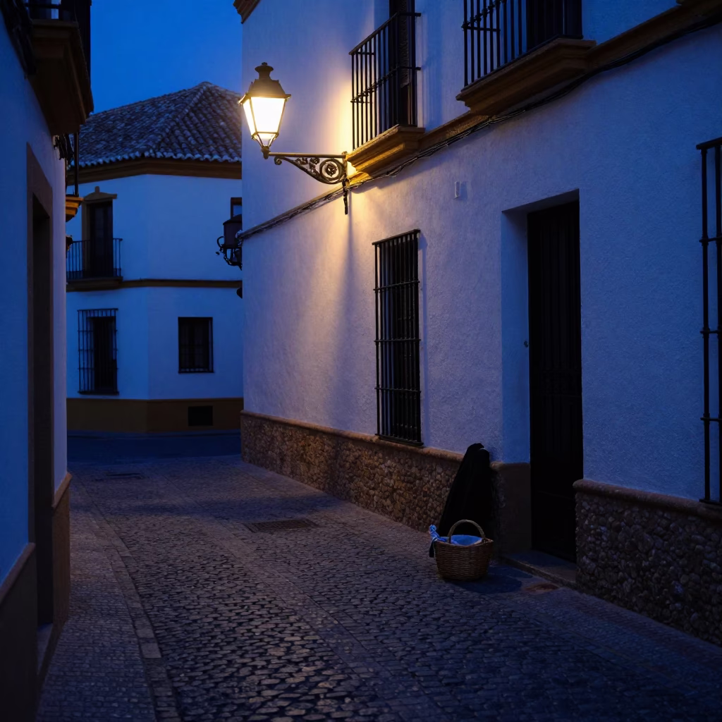 Predawn Seville Alleyway Street Scene with Basket and Coat Hook in in Seville, Spain
