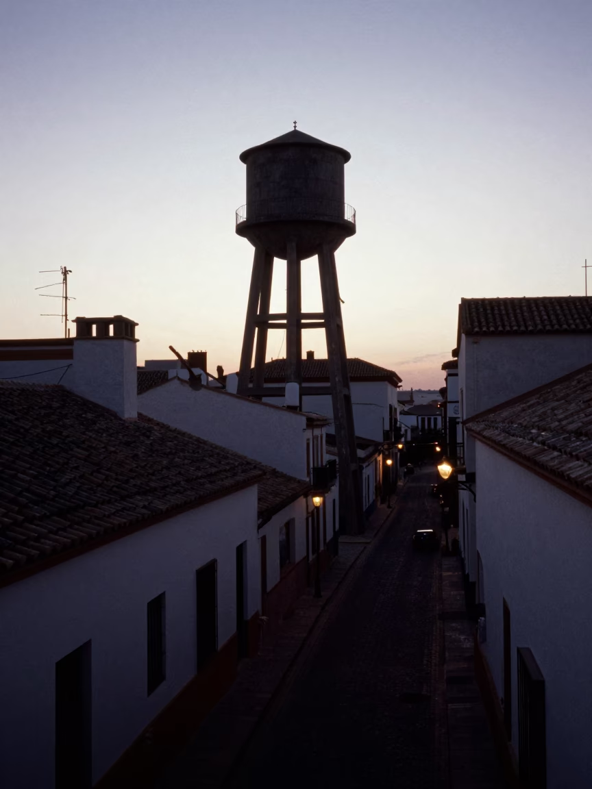 Predawn Seville Rooftop Water Tower and Quiet Street Scene in in Seville, Spain
