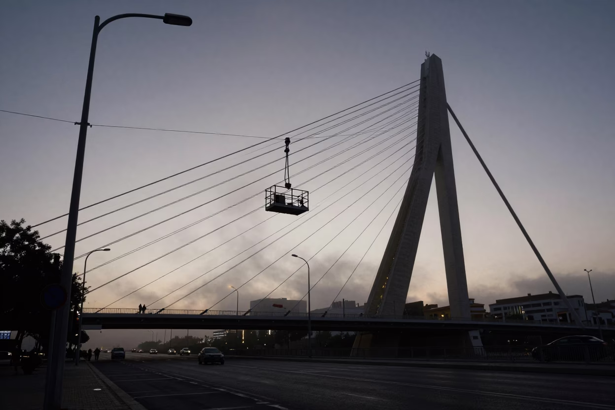 Predawn Seville Spain Street Scene with Bridge Maintenance Cage Swinging in Crosswind in in Seville, Spain