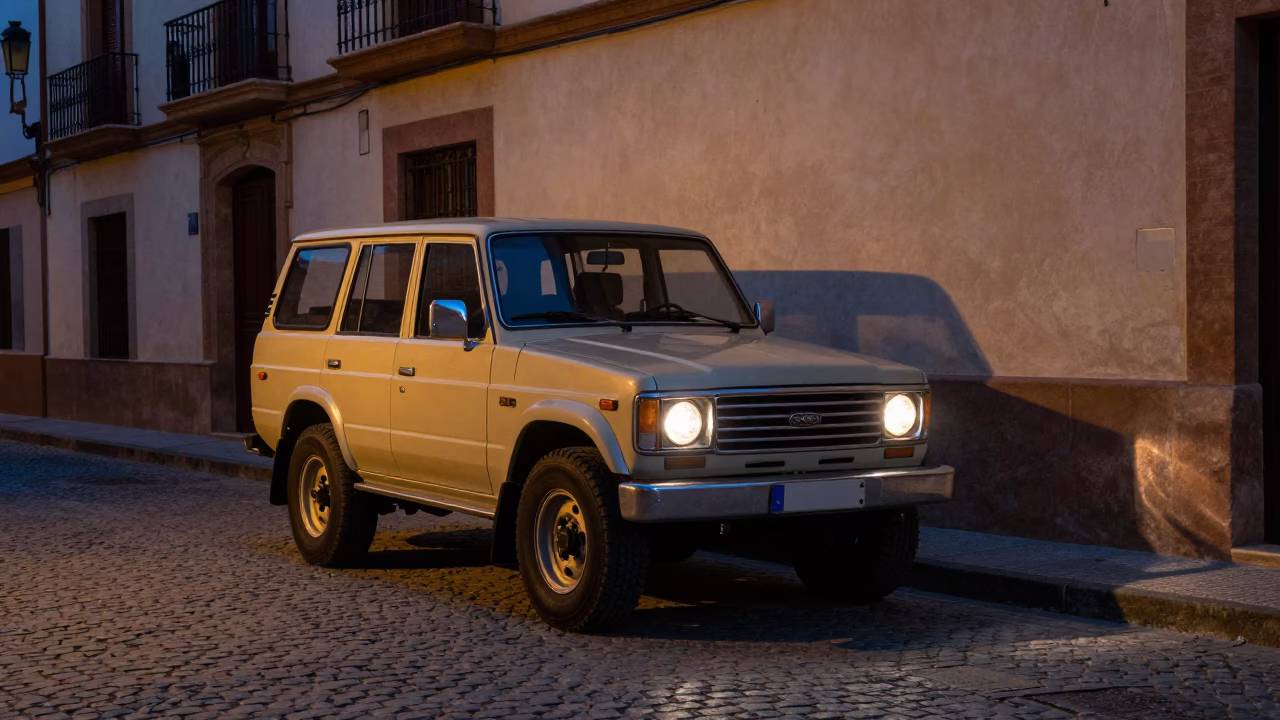 Predawn Seville Spain Street Scene with Vintage SUV and Tiffin Tin in in Seville, Spain
