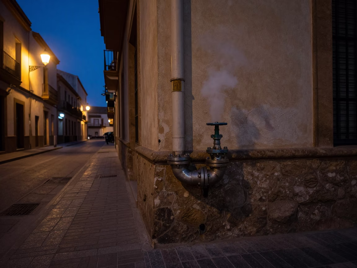 Predawn Seville Street Corner with Steaming District Heating Pipe and Wall Hook in in Seville, Spain