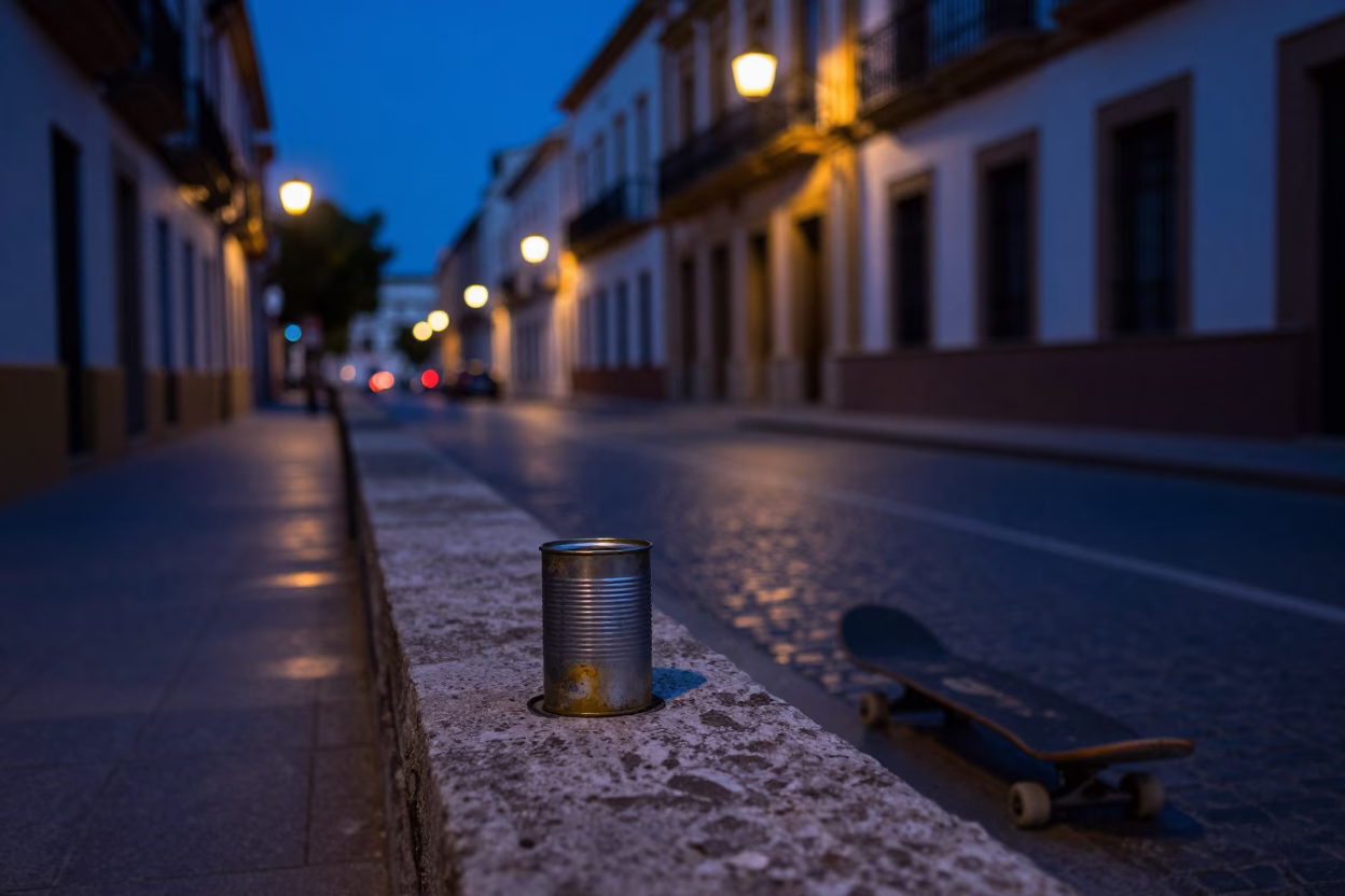 Predawn Seville Street Scene with Coffee Tin and Skateboard Near Historic Architecture in in Seville, Spain