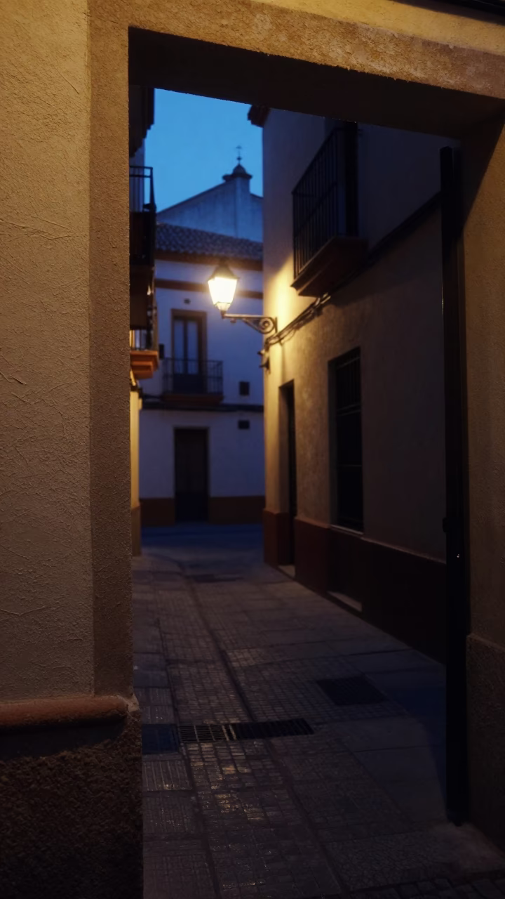 Predawn Seville Street Scene with Condensation on Doorframe and Flowering Plant in in Seville, Spain