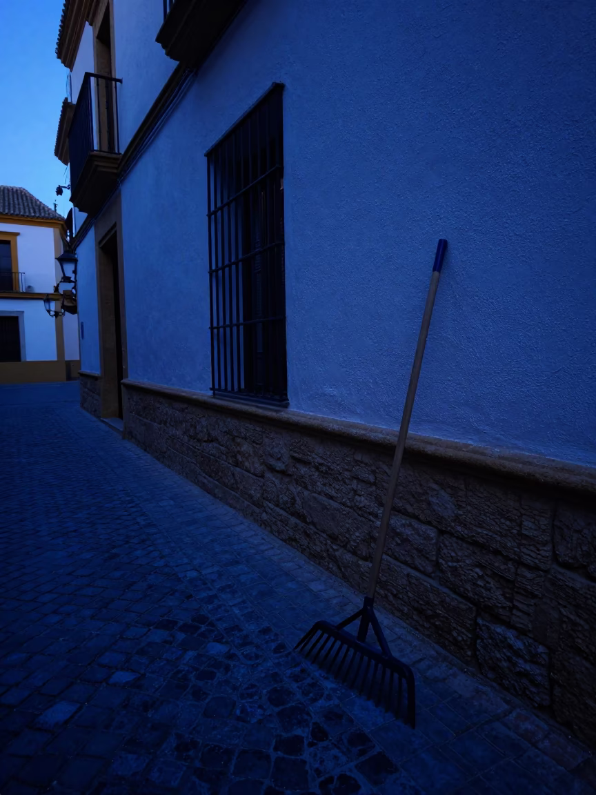 Predawn Seville Street Scene with Garden Rake and Cobalt Twilight Sky in in Seville, Spain