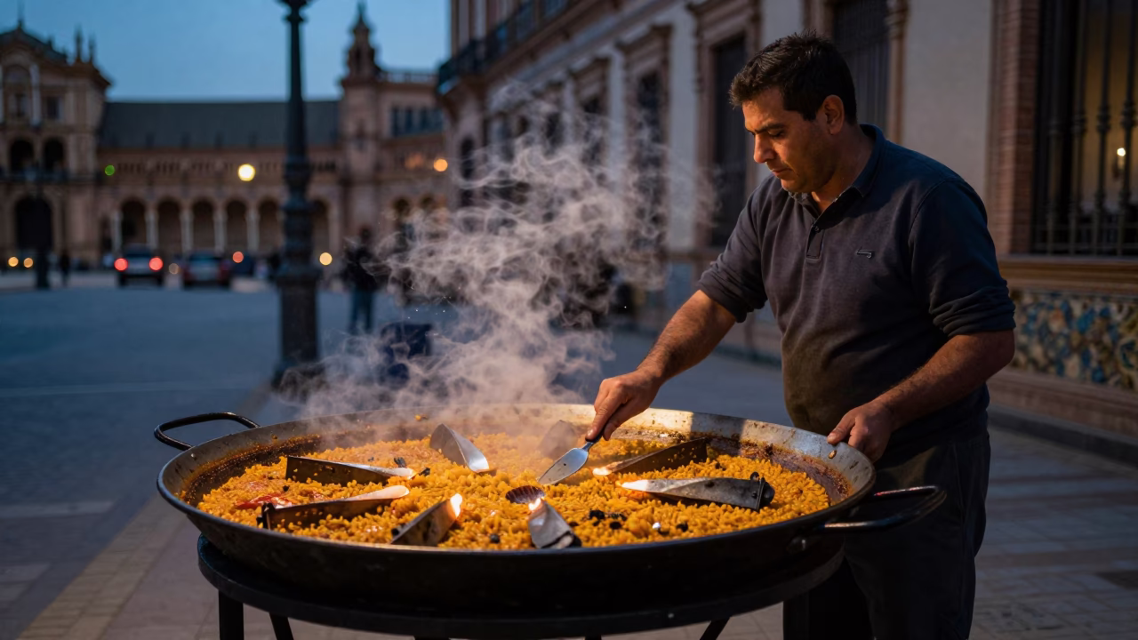 Predawn Seville Street Scene with Paella Pan and Open Flames in in Seville, Spain