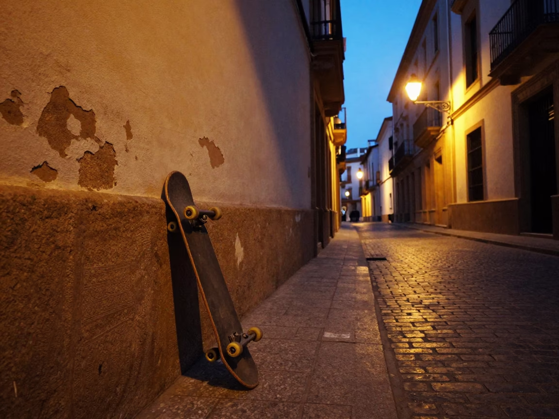 Predawn Seville Street Scene with Skateboard and Vintage Brass Microscope in in Seville, Spain